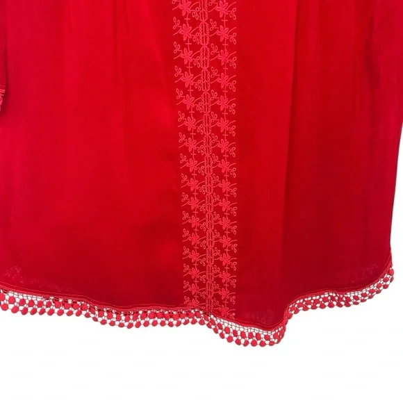 Sundance Red Bohemian Silky Lace Trim 3/4 Tab Sleeves Tunic Top Women’s Small - Picture 8 of 10